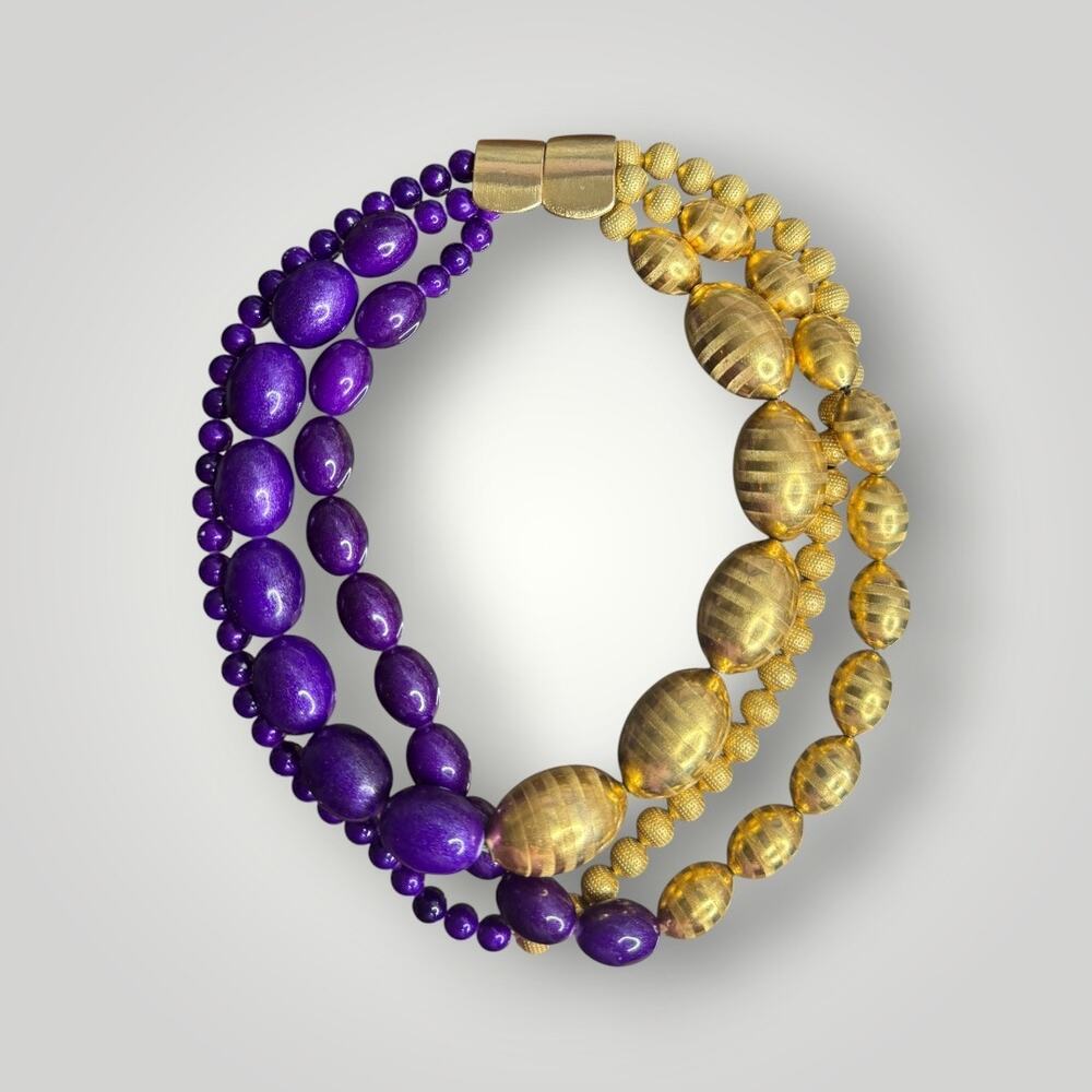 VTG Jay Feinberg Purple & Gold Triple Strand Beaded Statement Choker Necklace